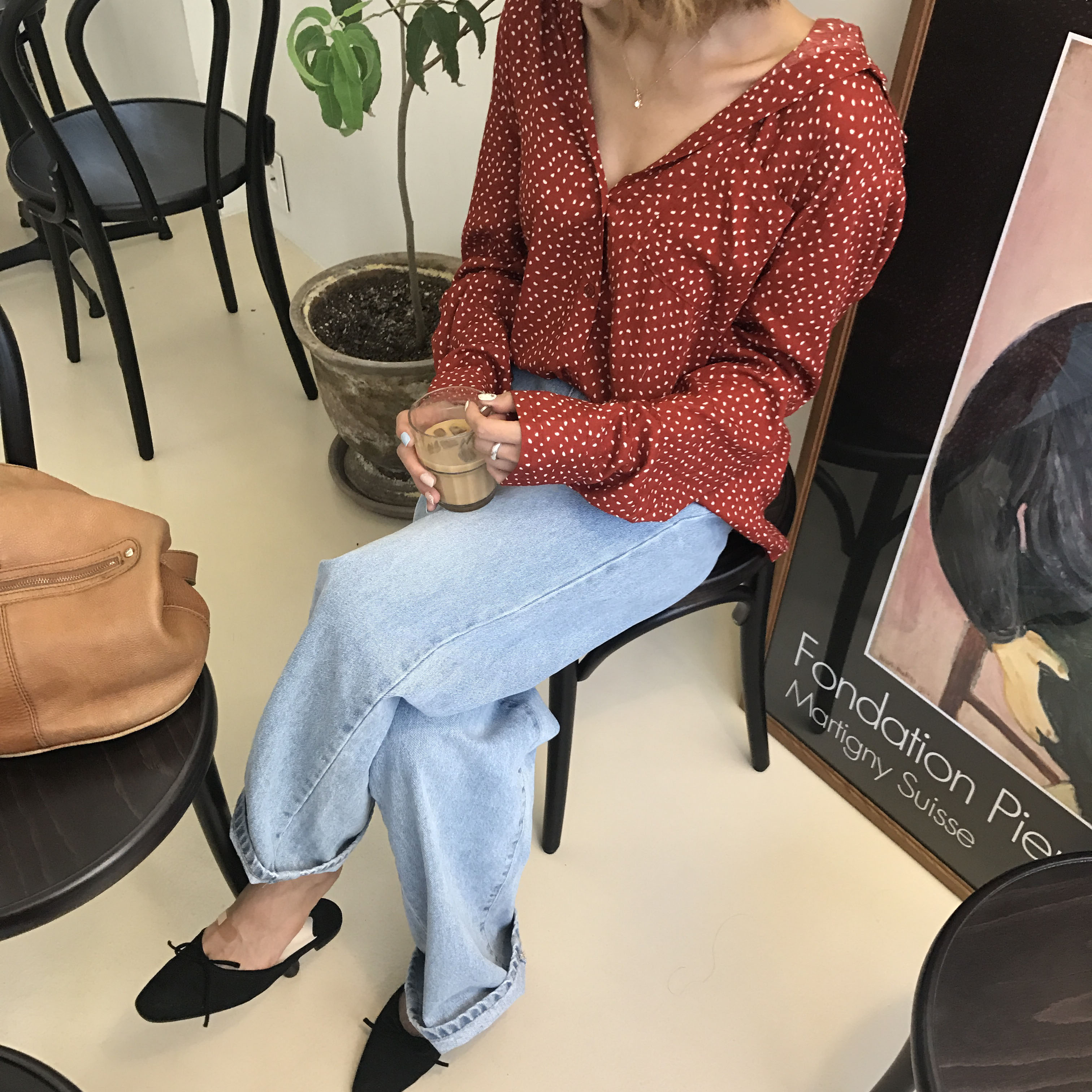 Dot blouse red. Navy polka dots chiffon shirt woma