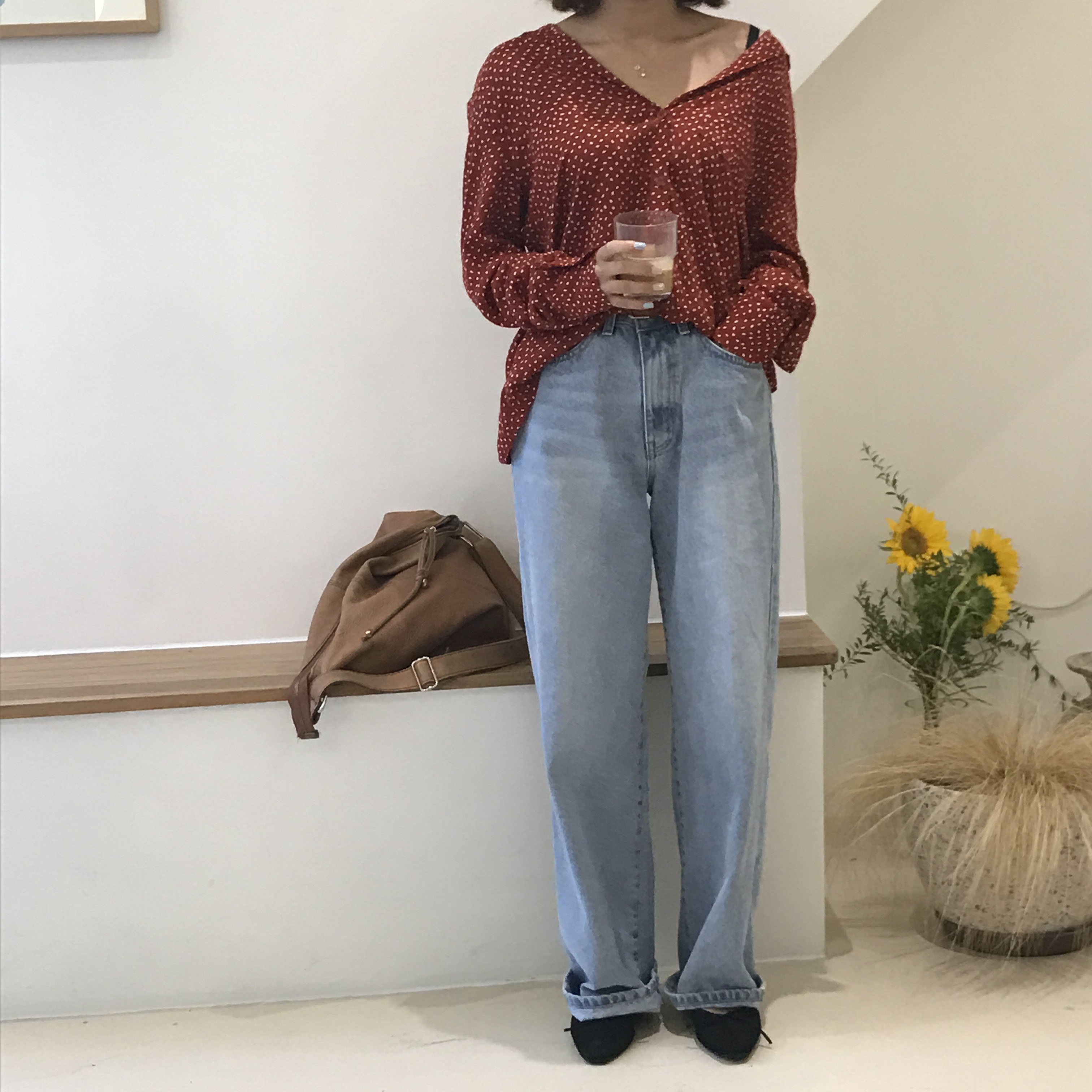 Dot blouse red. Navy polka dots chiffon shirt woma