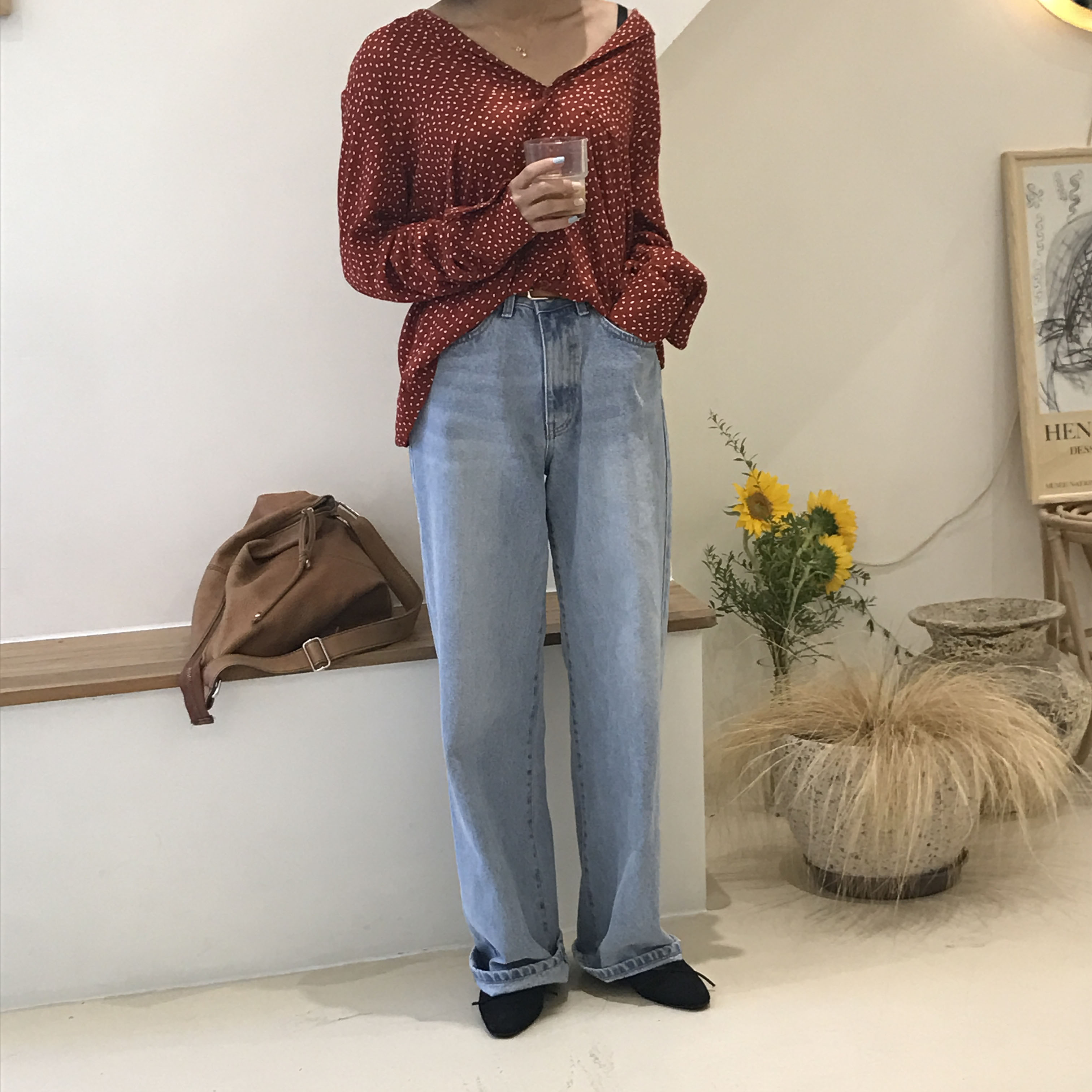 Dot blouse red. Navy polka dots chiffon shirt woma