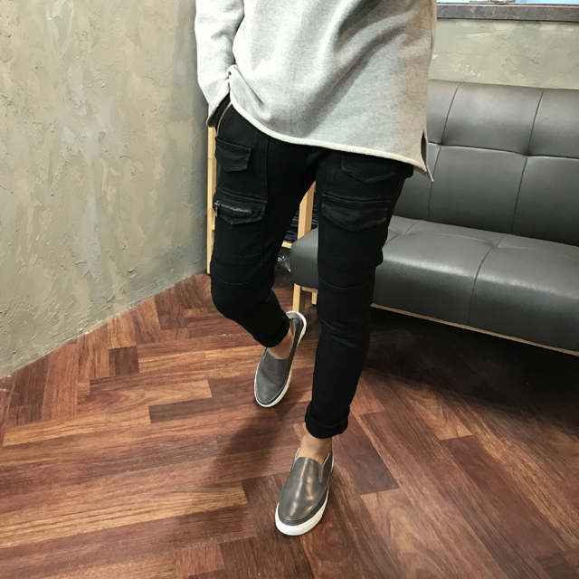 Korea Jeans Pants Black Zipper Cargo Slim Coated J