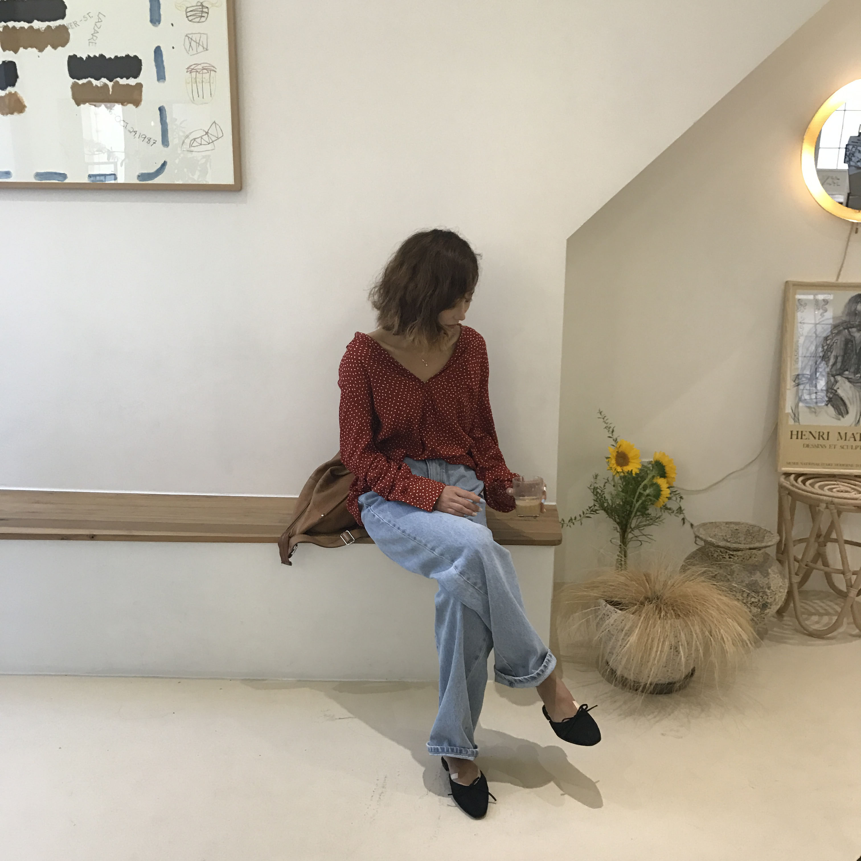 Dot blouse red. Navy polka dots chiffon shirt woma