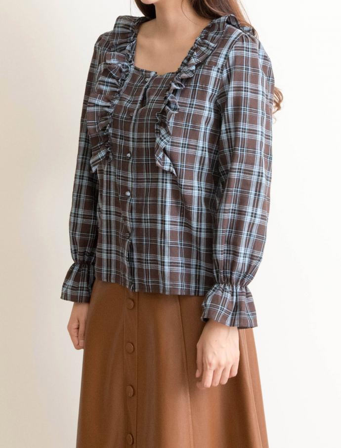Women Blouses Square Neck Frilly Check Blouse Love