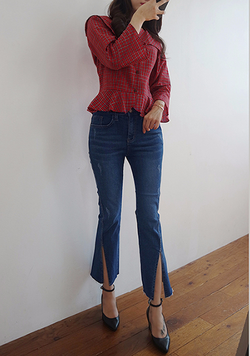 Women Blouses Square Neck Frilly Check Red Blouse 