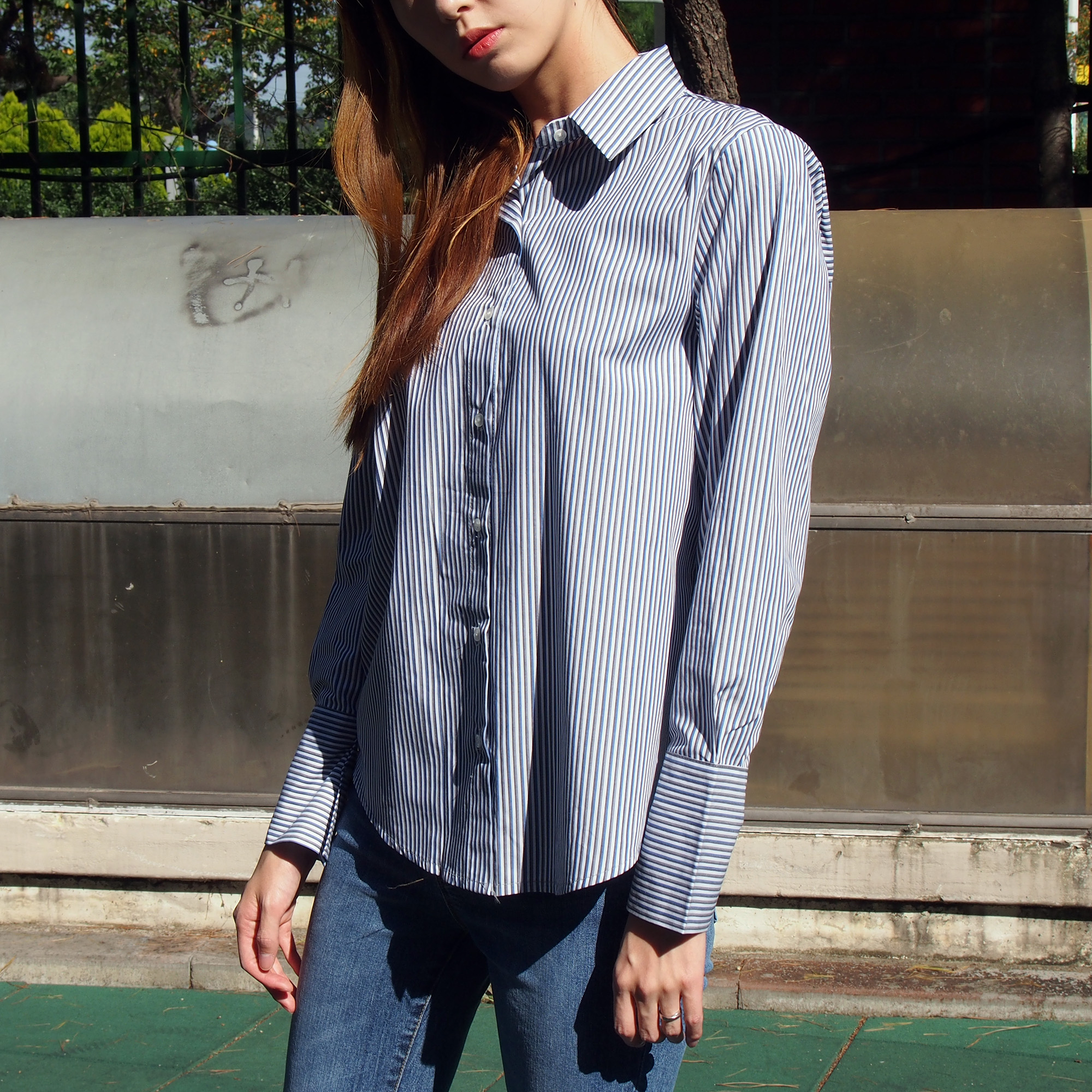 Double Striped Shirt 1color Blue Gray Girl Autumn 