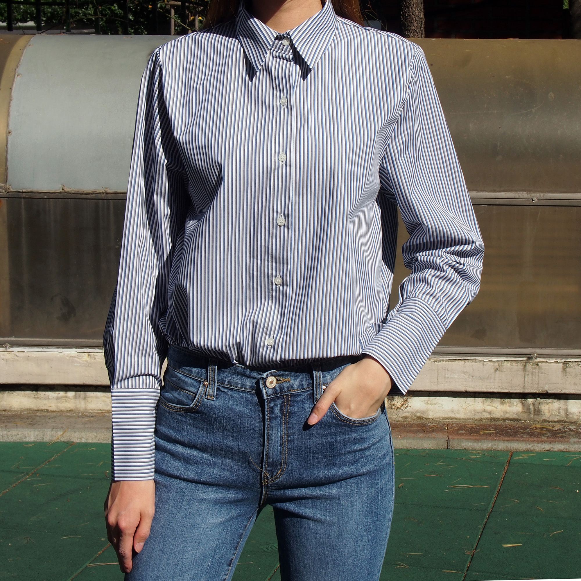 Double Striped Shirt 1color Blue Gray Girl Autumn 