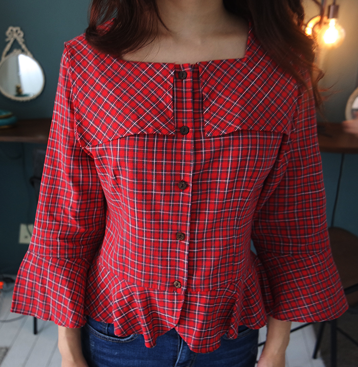 Women Blouses Square Neck Frilly Check Red Blouse 