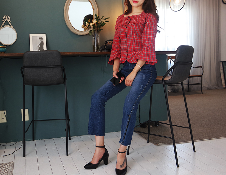 Women Blouses Square Neck Frilly Check Red Blouse 