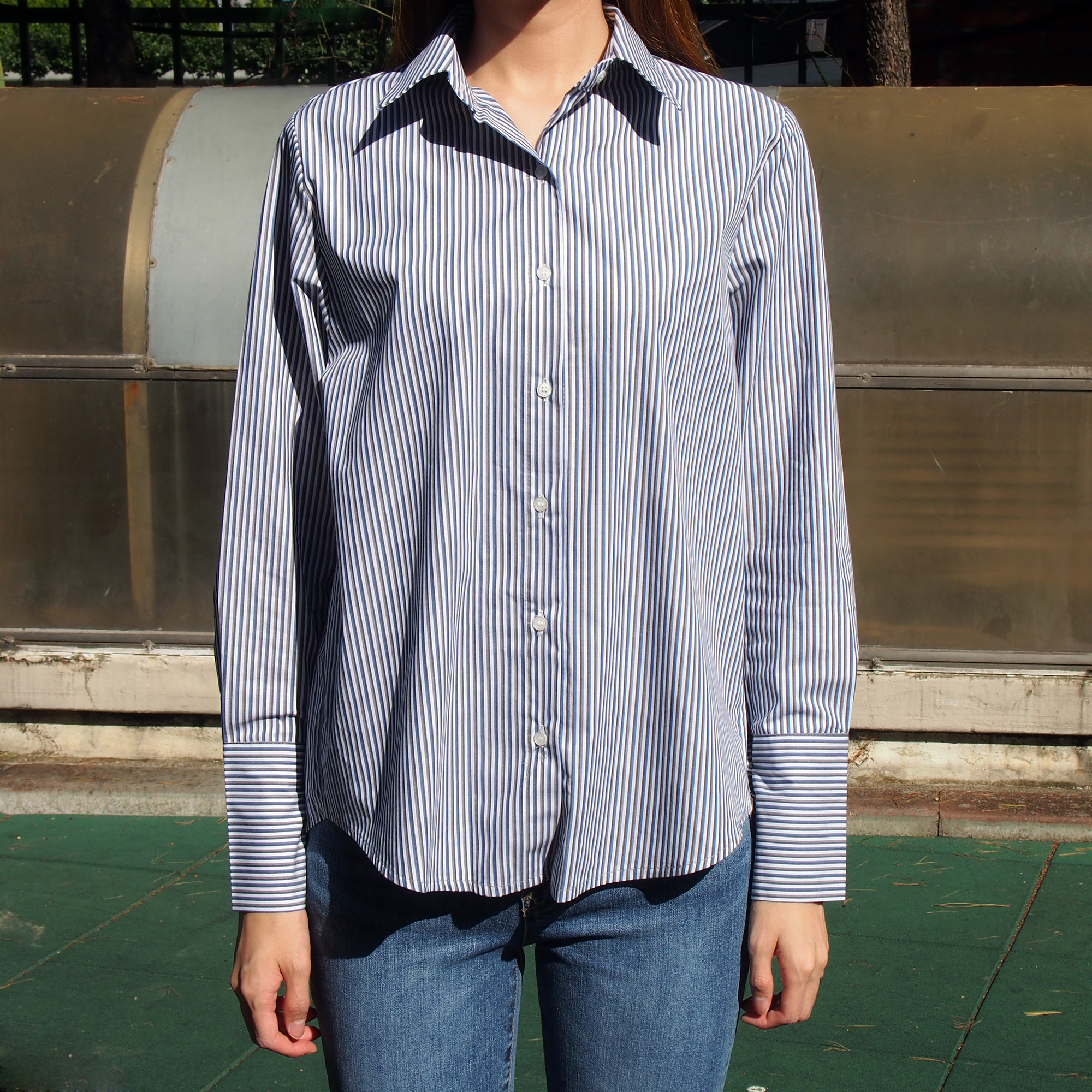 Double Striped Shirt 1color Blue Gray Girl Autumn 