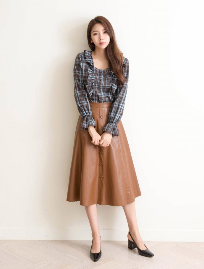 Women Blouses Square Neck Frilly Check Blouse Love