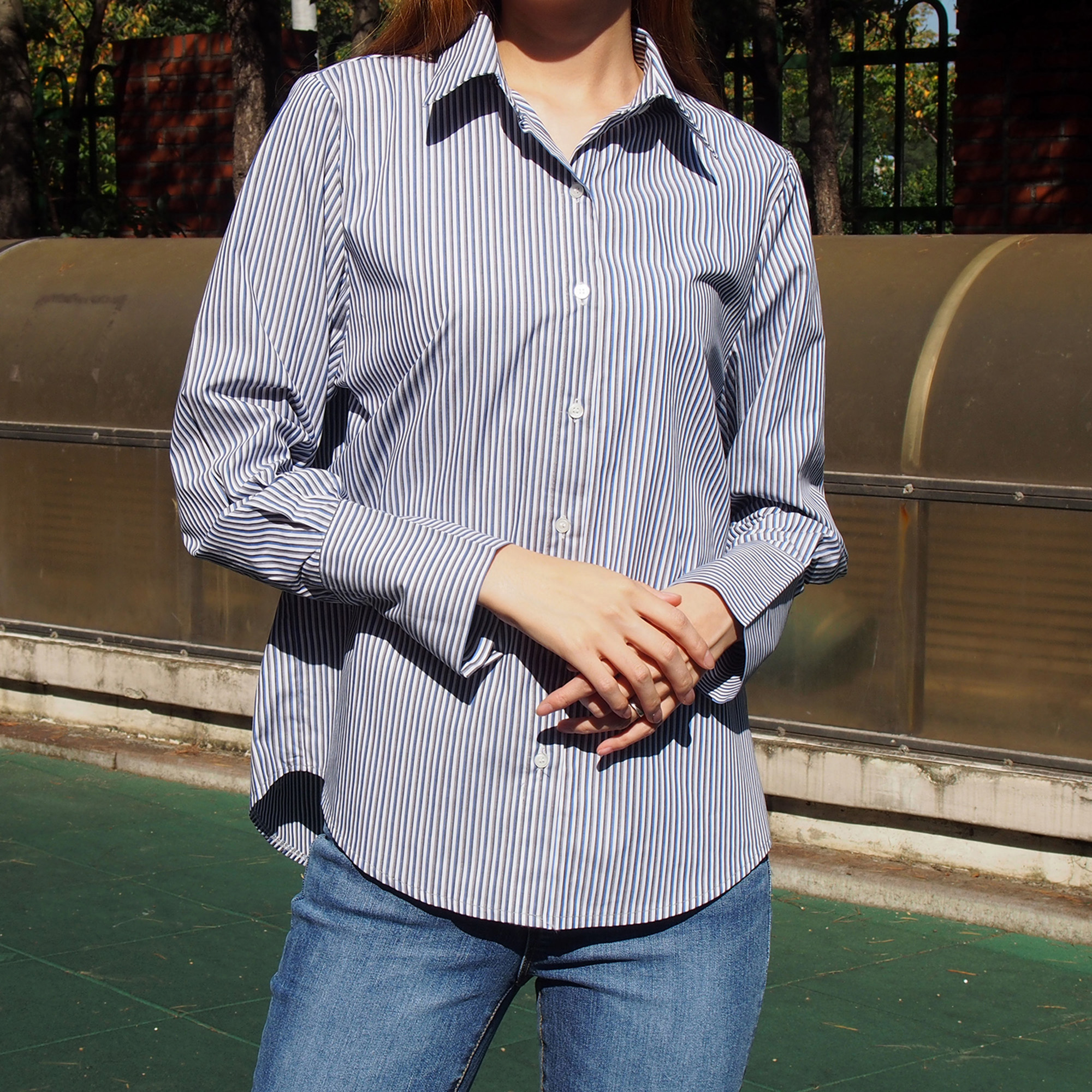 Double Striped Shirt 1color Blue Gray Girl Autumn 