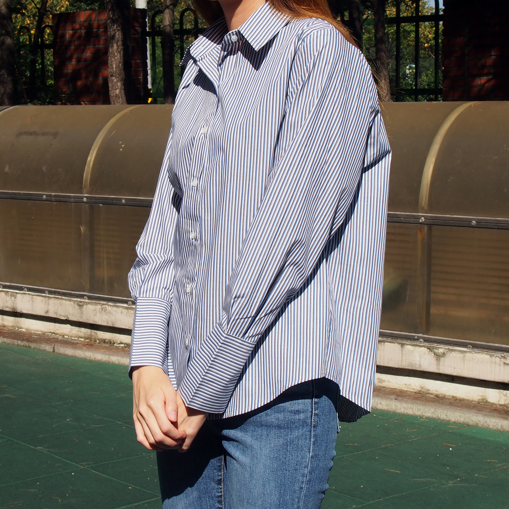 Double Striped Shirt 1color Blue Gray Girl Autumn 