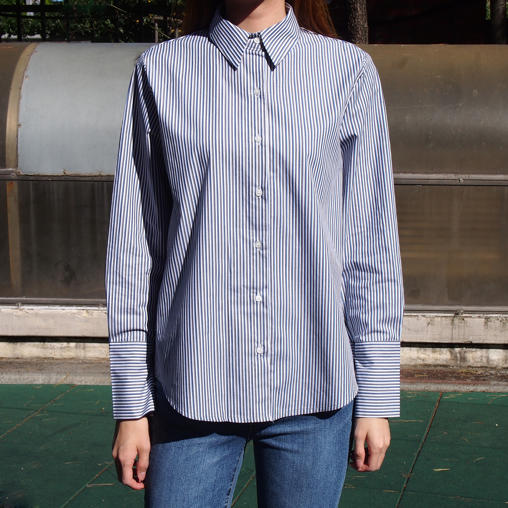 Double Striped Shirt 1color Blue Gray Girl Autumn 