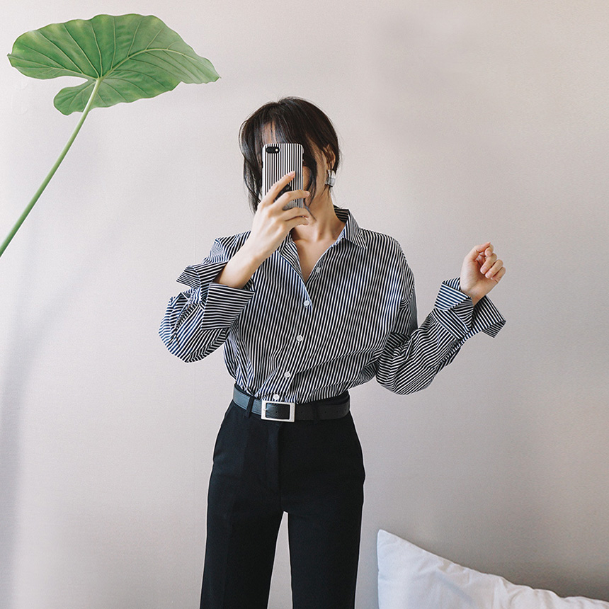 Loose-fit striped cuff -s-shirt Women's Fall Fa