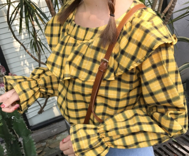 Women Blouses Lovely Check Frilly Blouse Double Da