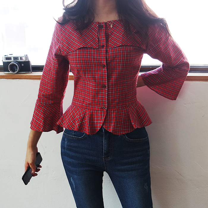 Women Blouses Square Neck Frilly Check Red Blouse 