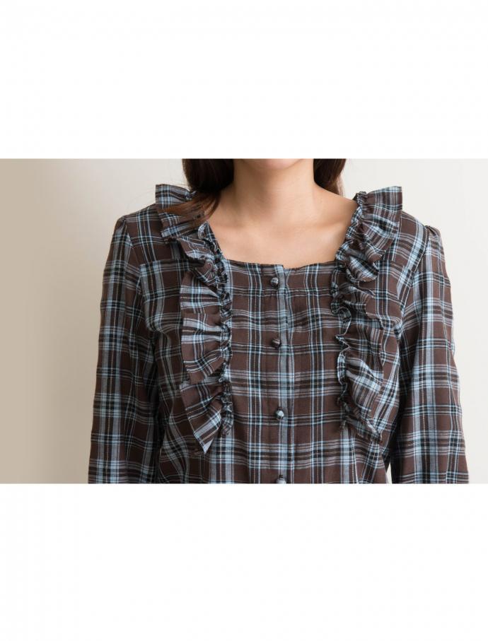 Women Blouses Square Neck Frilly Check Blouse Love