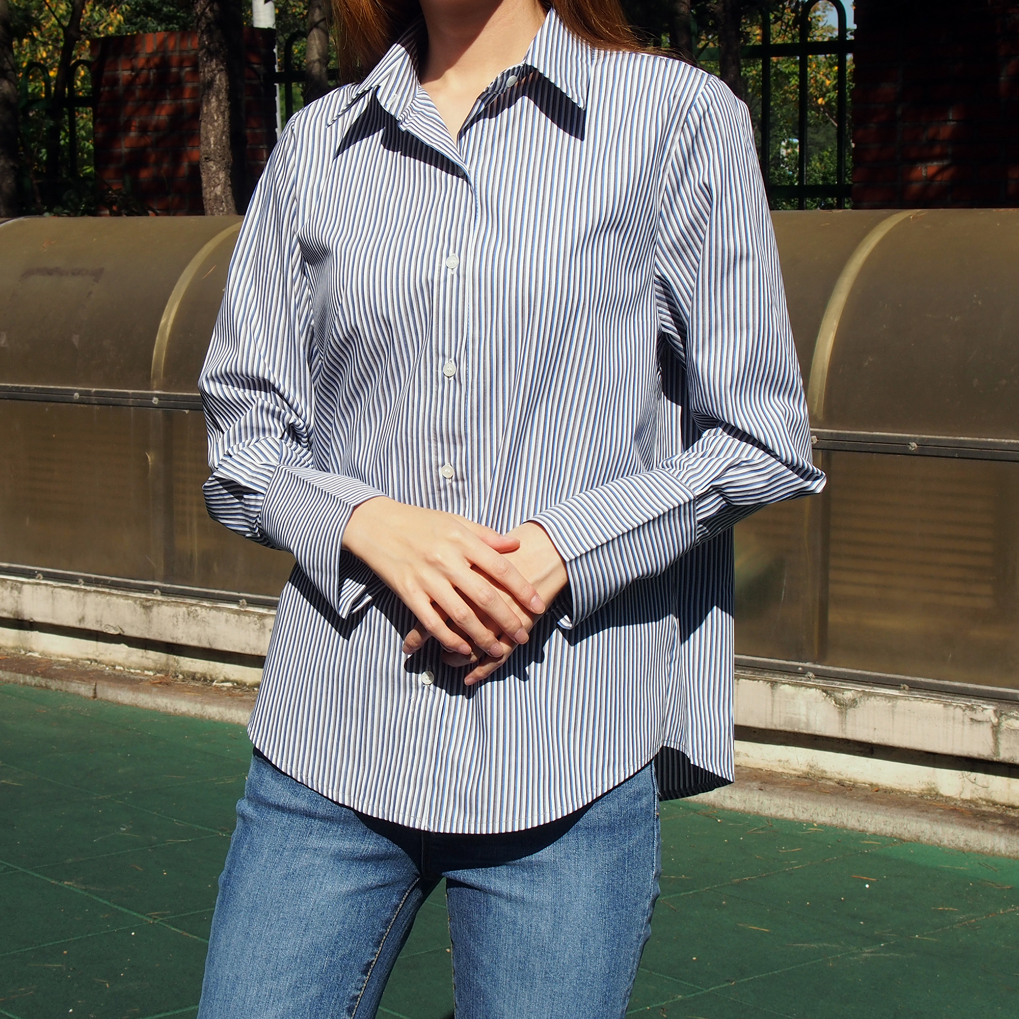 Double Striped Shirt 1color Blue Gray Girl Autumn 