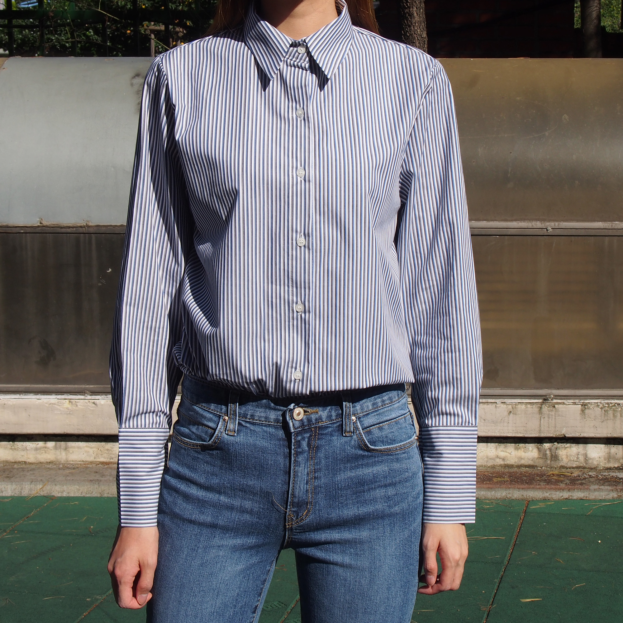 Double Striped Shirt 1color Blue Gray Girl Autumn 