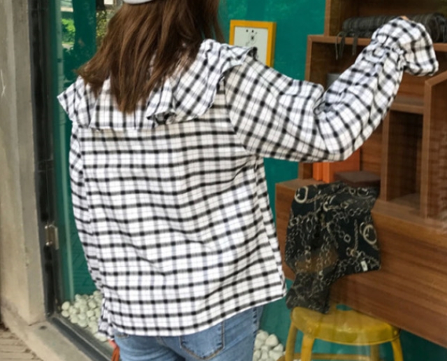 Women Blouses Lovely Check Frilly Blouse Double Da