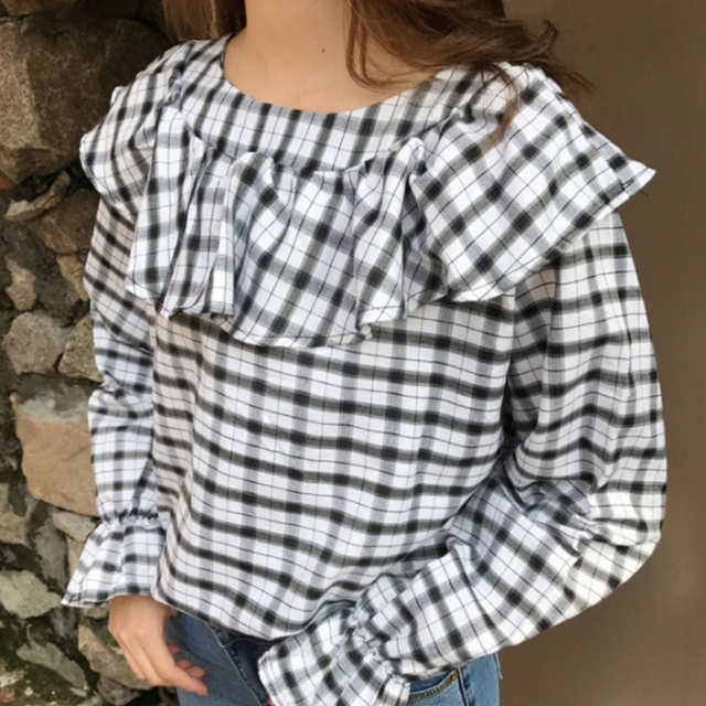 Women Blouses Lovely Check Frilly Blouse Double Da