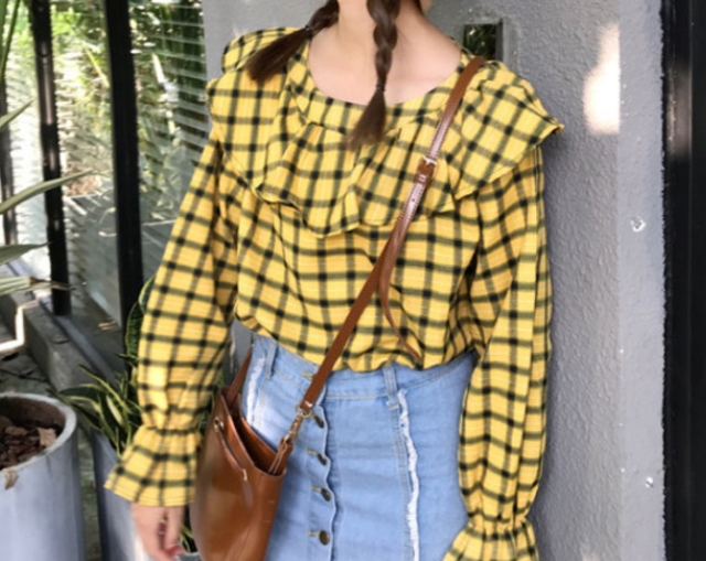 Women Blouses Lovely Check Frilly Blouse Double Da