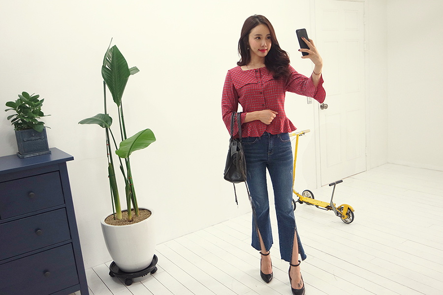 Women Blouses Square Neck Frilly Check Red Blouse 