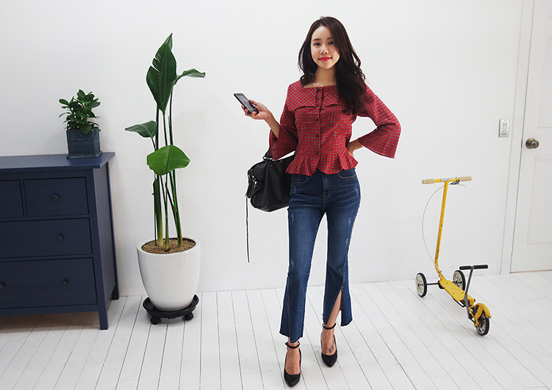 Women Blouses Square Neck Frilly Check Red Blouse 