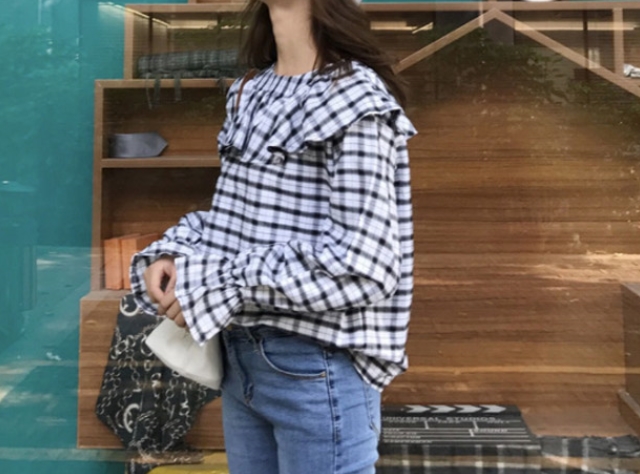 Women Blouses Lovely Check Frilly Blouse Double Da
