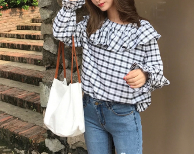 Women Blouses Lovely Check Frilly Blouse Double Da