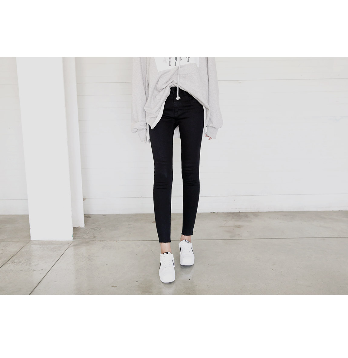 Korea Jeans Pants Span Waist Bands Black Skinny Je