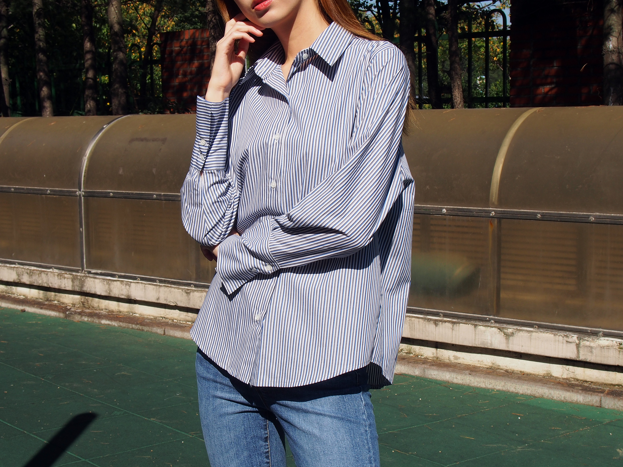 Double Striped Shirt 1color Blue Gray Girl Autumn 
