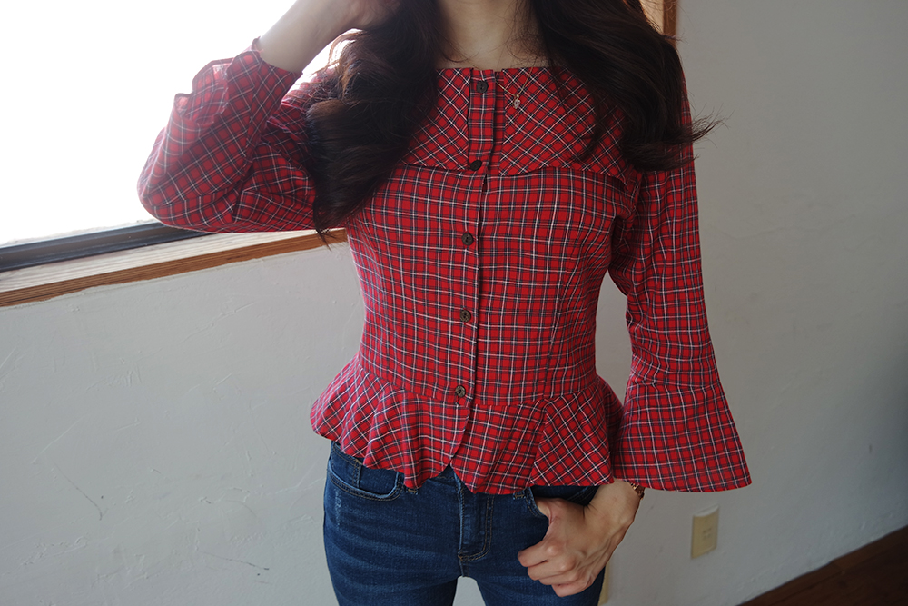 Women Blouses Square Neck Frilly Check Red Blouse 