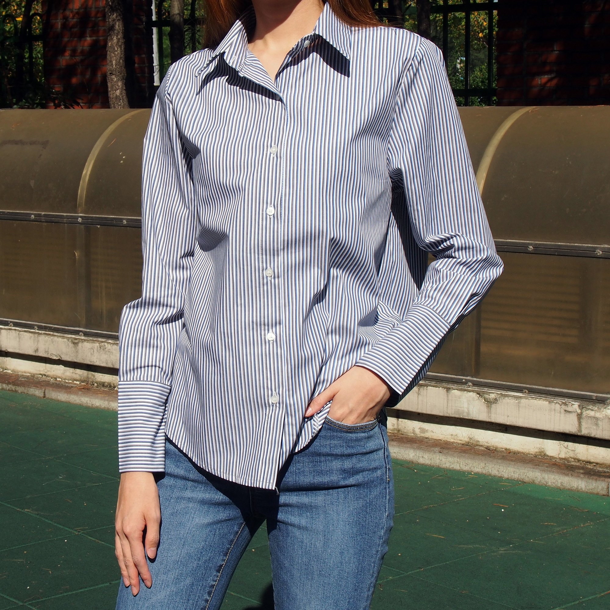 Double Striped Shirt 1color Blue Gray Girl Autumn 