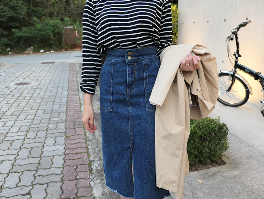 H line front denim denim skirt h long