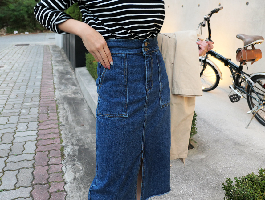 H line front denim denim skirt h long