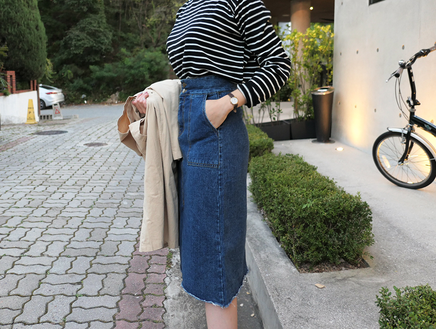 H line front denim denim skirt h long