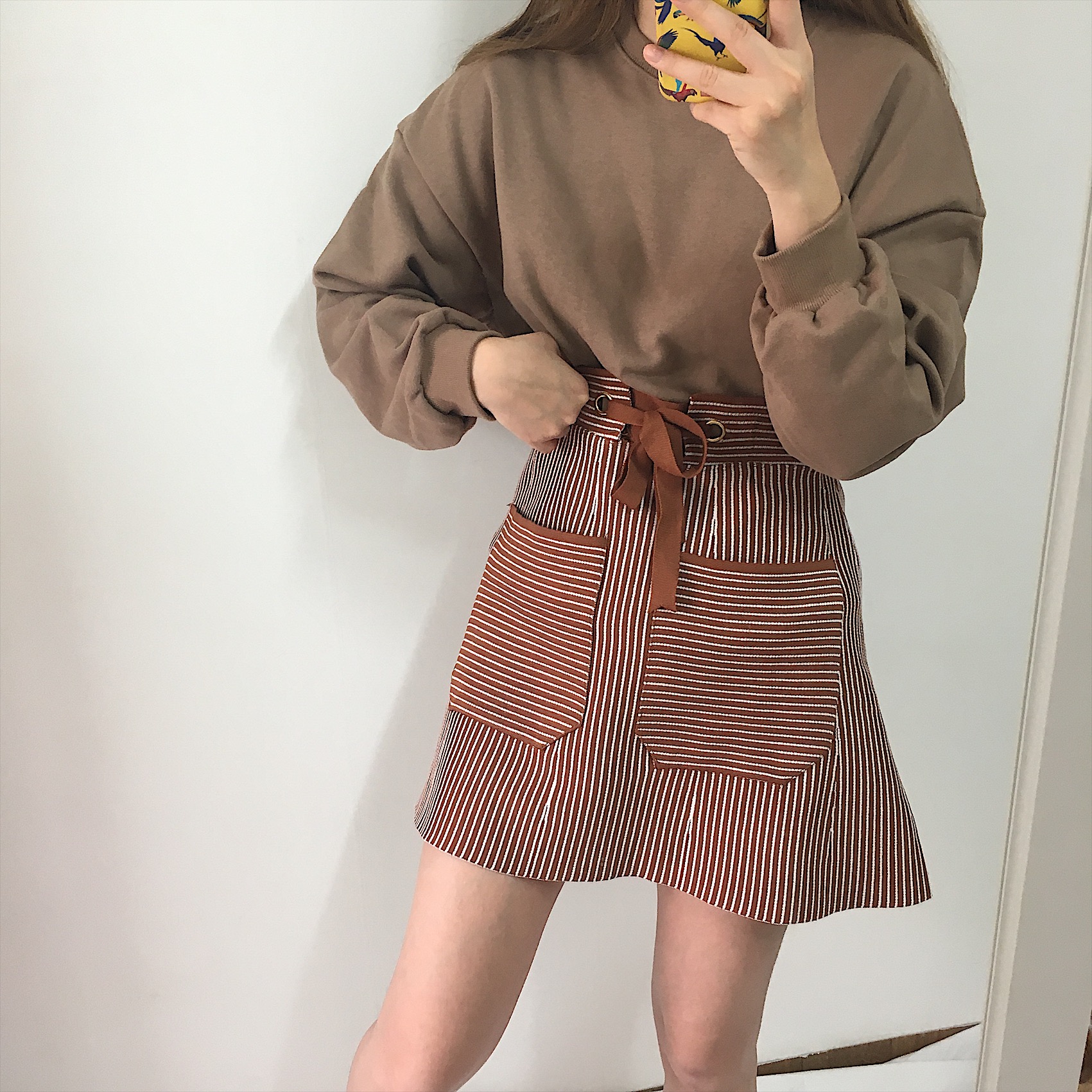 Pocket knot mini skirt 2color autumn striped slim 