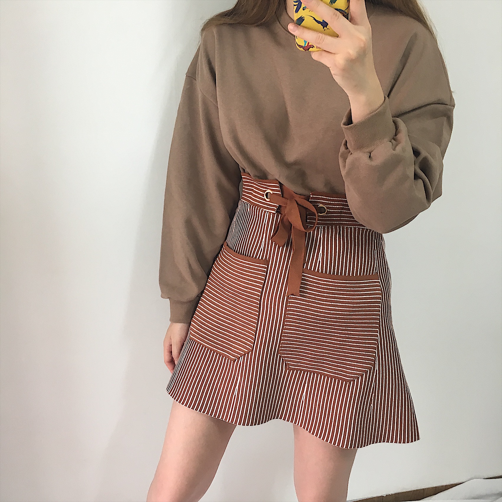 Pocket knot mini skirt 2color autumn striped slim 