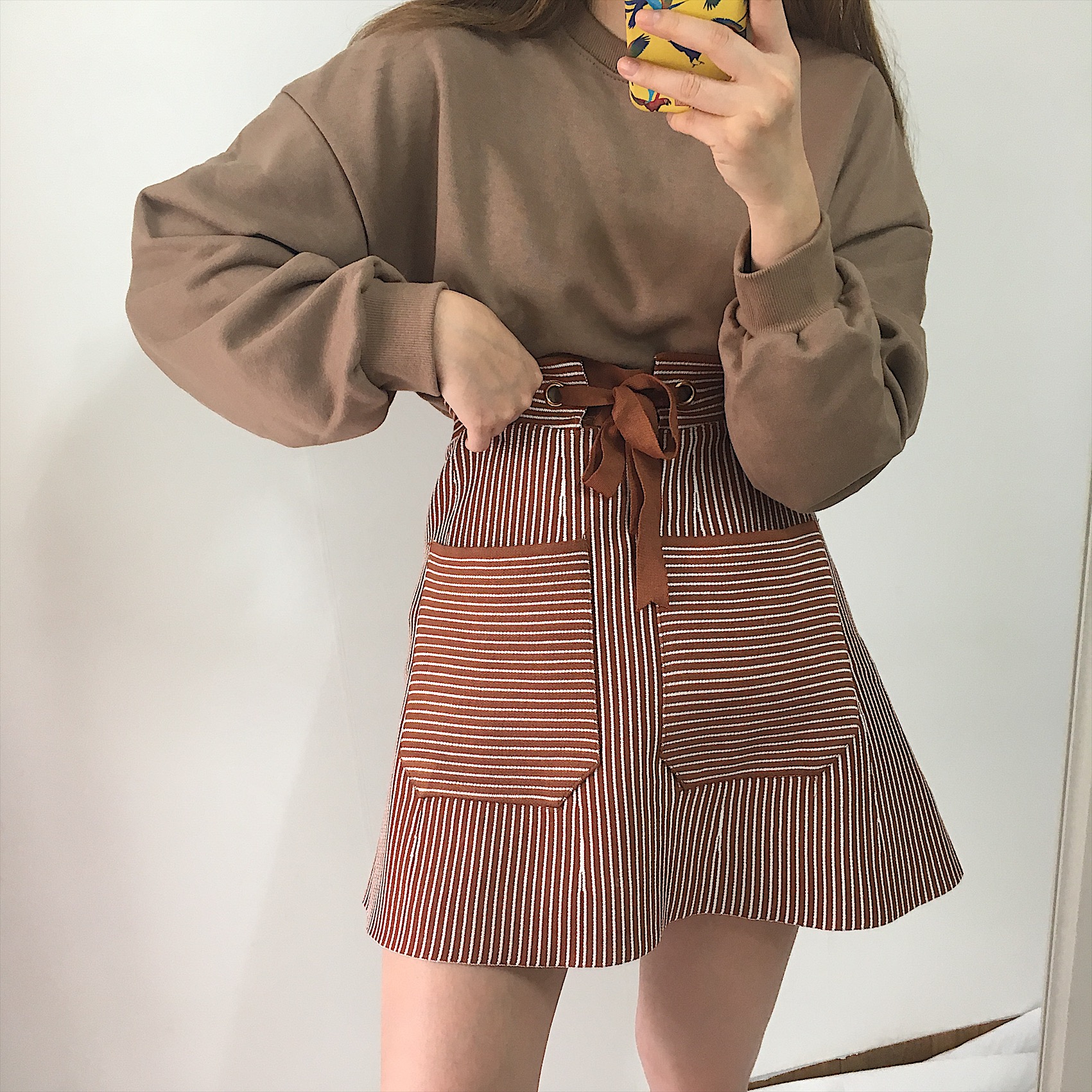 Pocket knot mini skirt 2color autumn striped slim 