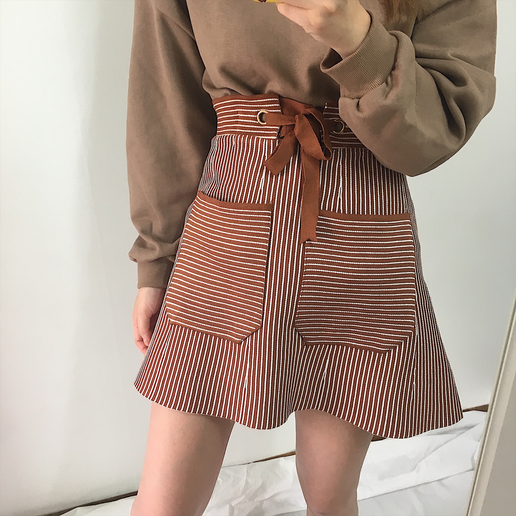 Pocket knot mini skirt 2color autumn striped slim 