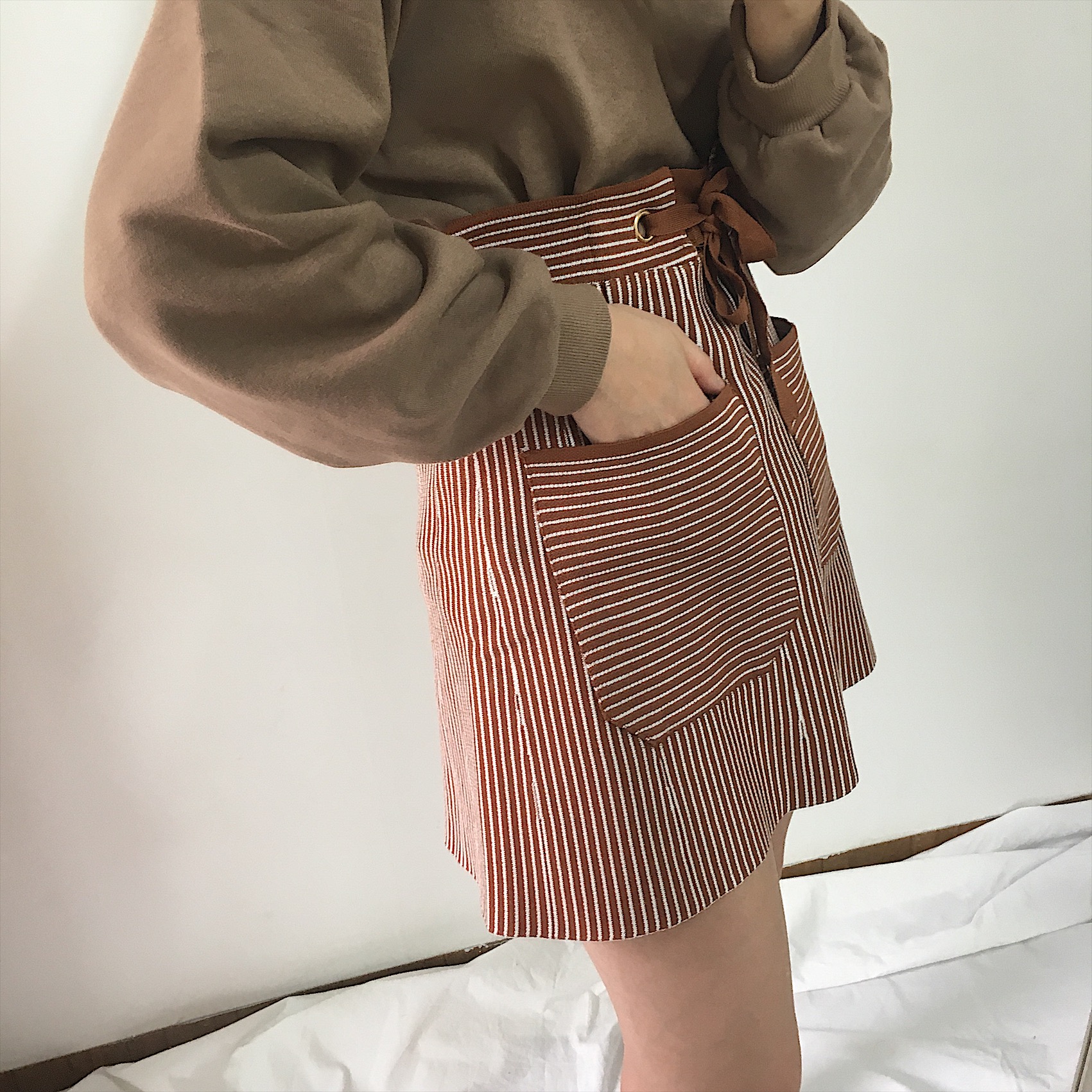 Pocket knot mini skirt 2color autumn striped slim 