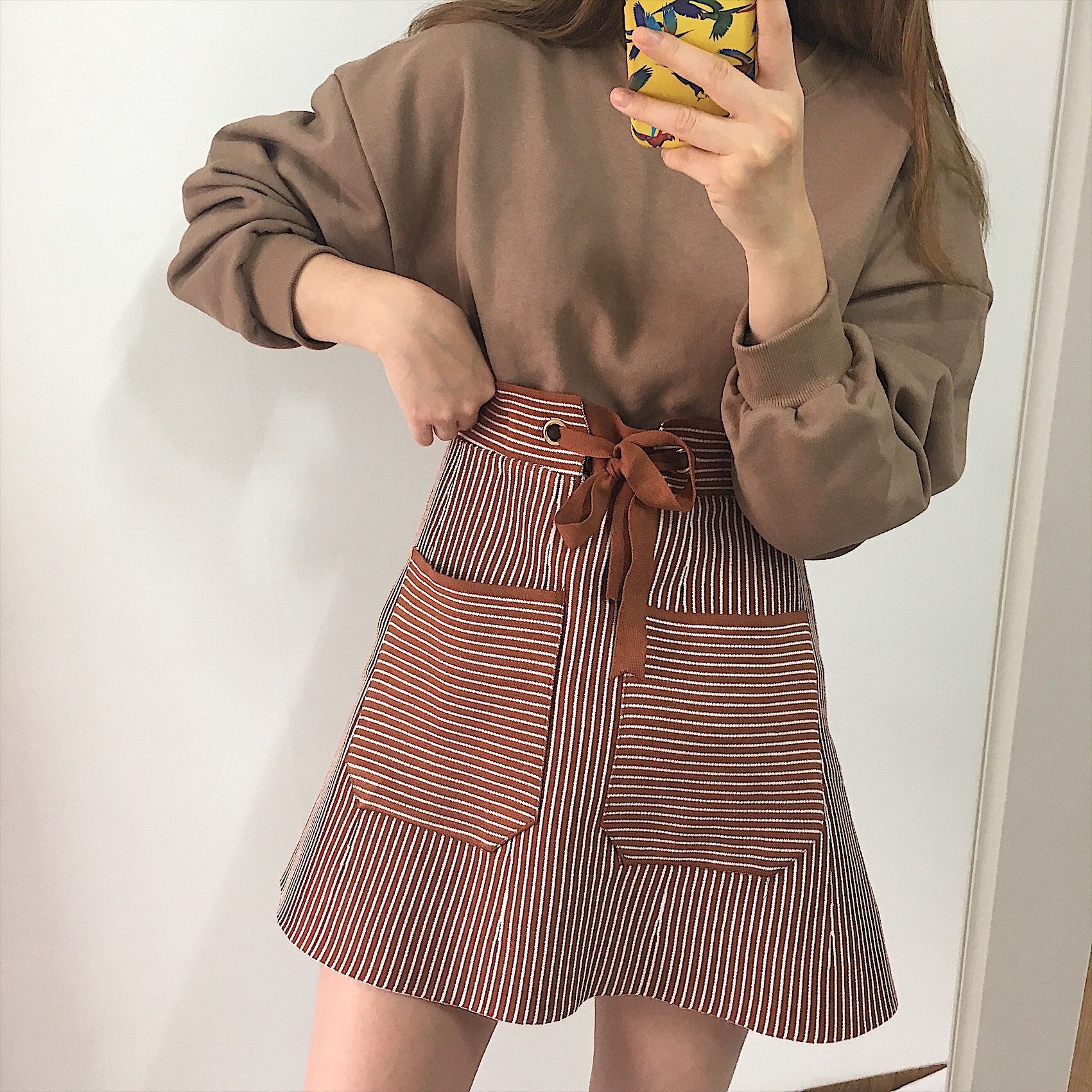 Pocket knot mini skirt 2color autumn striped slim 