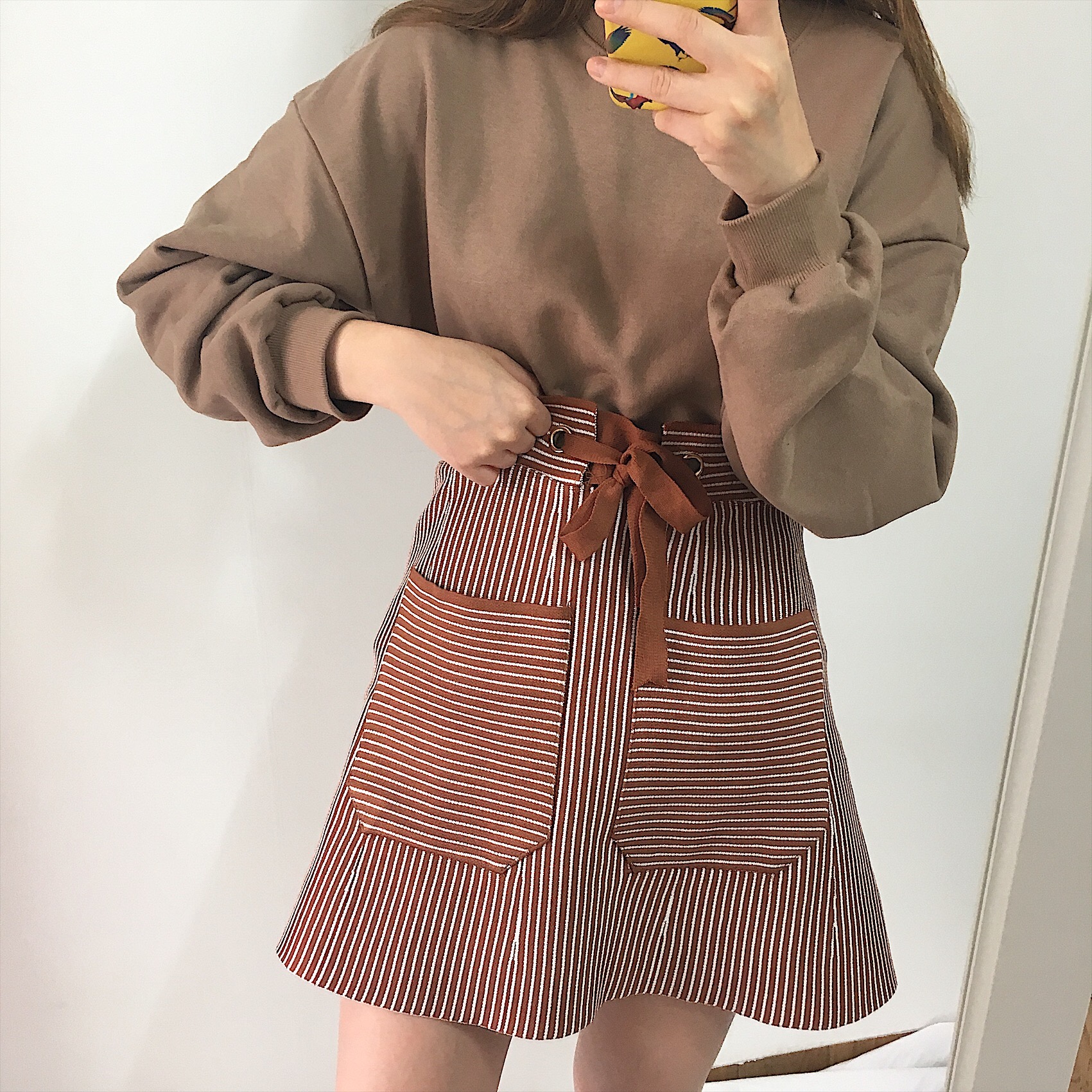 Pocket knot mini skirt 2color autumn striped slim 