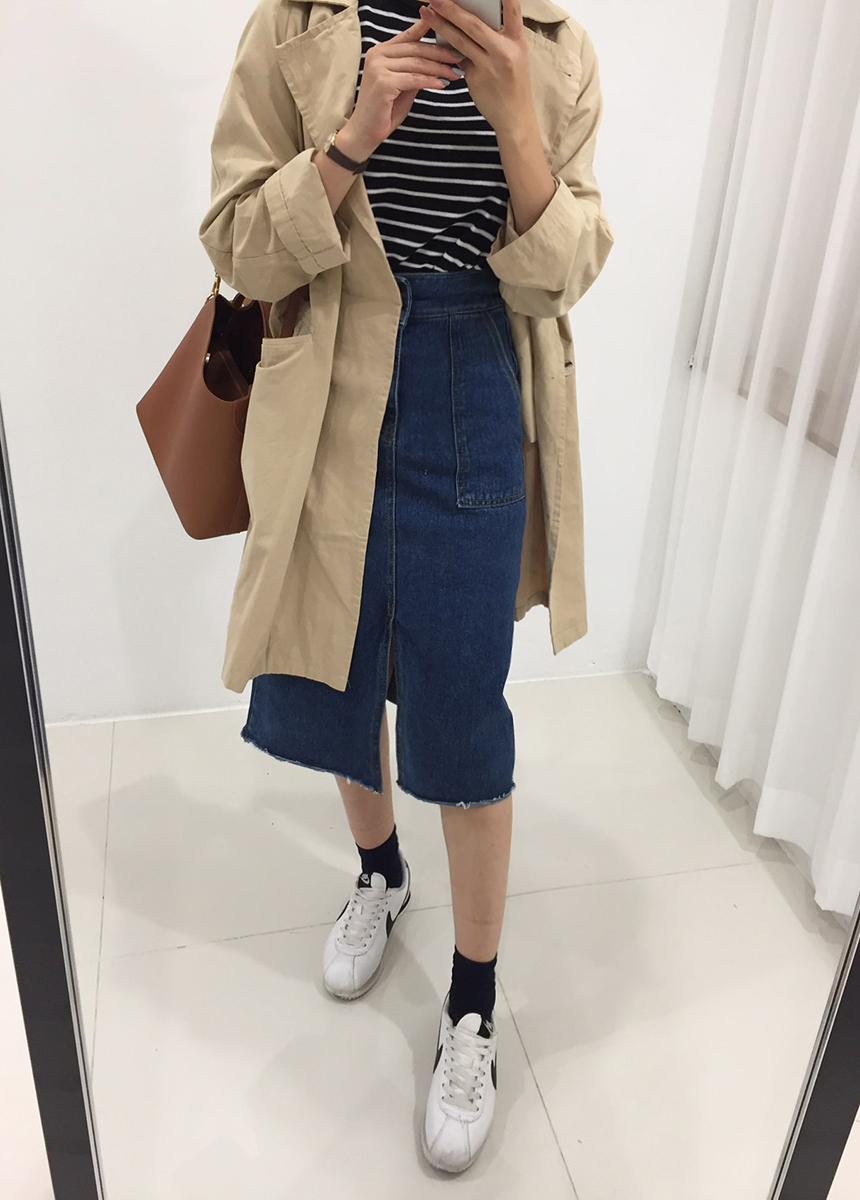 H line front denim denim skirt h long