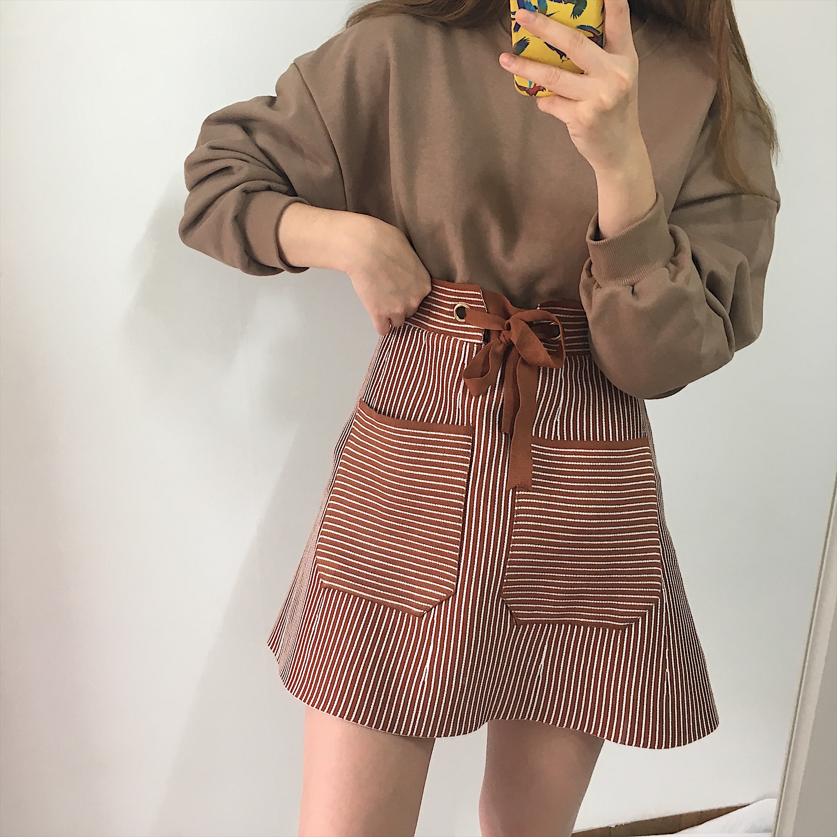 Pocket knot mini skirt 2color autumn striped slim 
