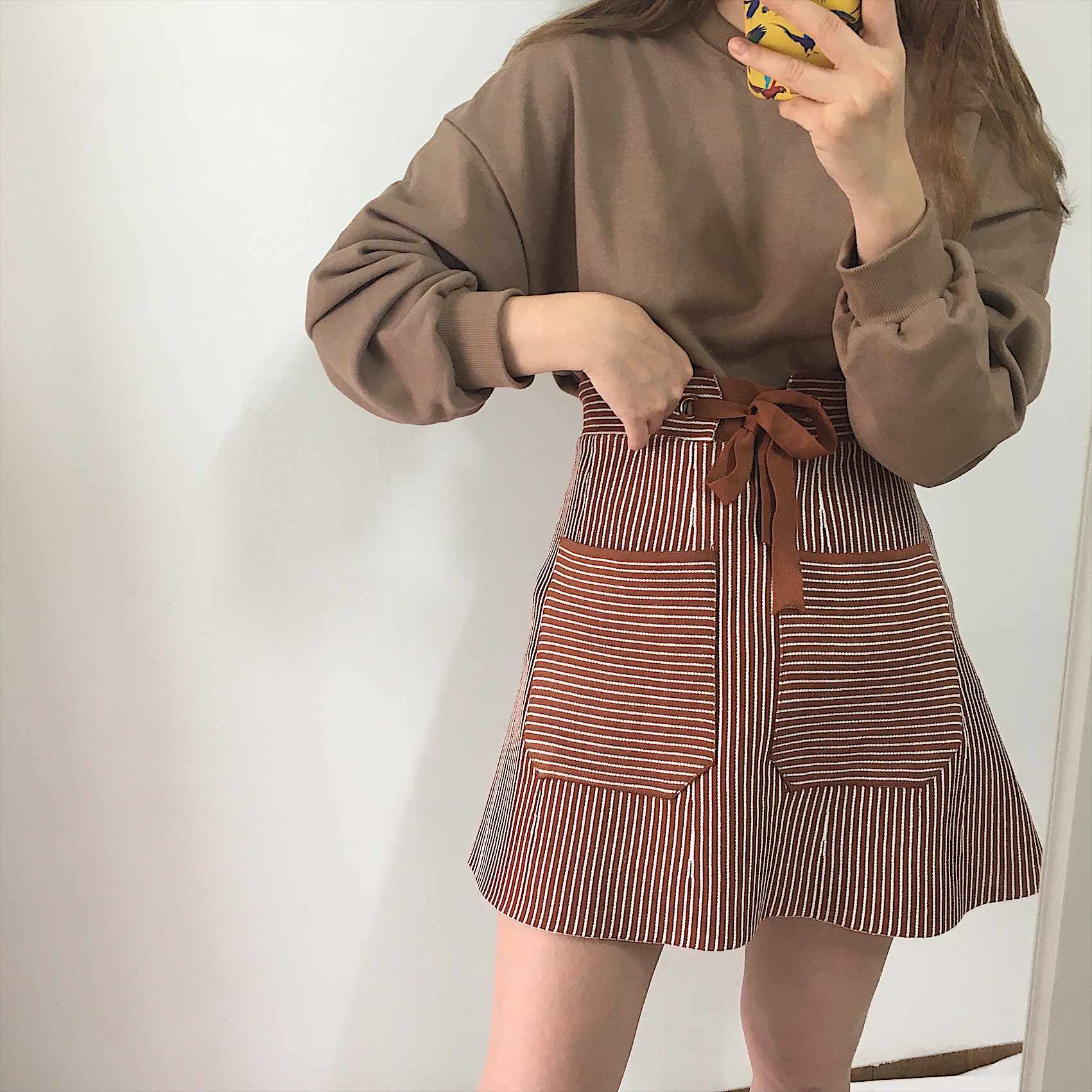 Pocket knot mini skirt 2color autumn striped slim 
