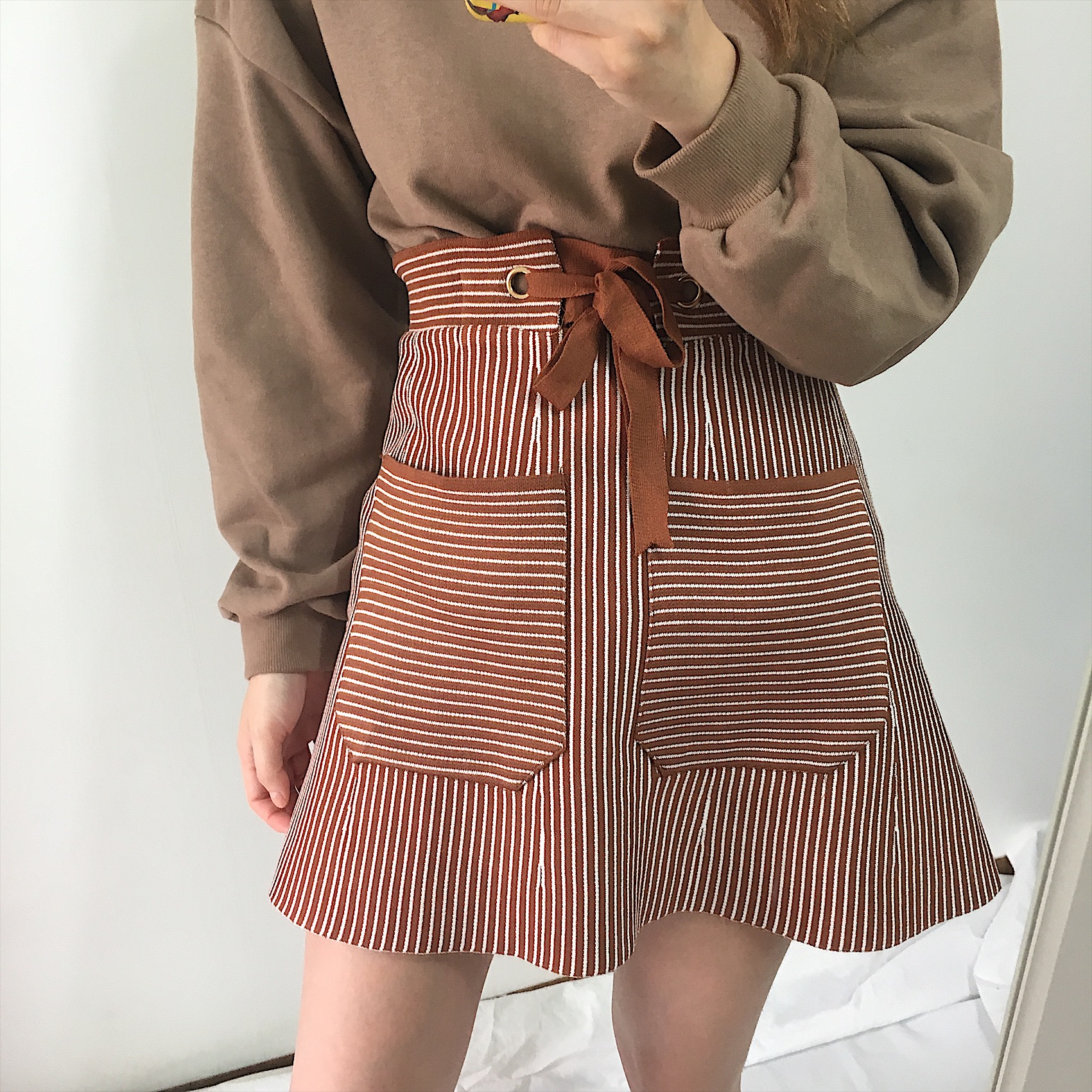 Pocket knot mini skirt 2color autumn striped slim 