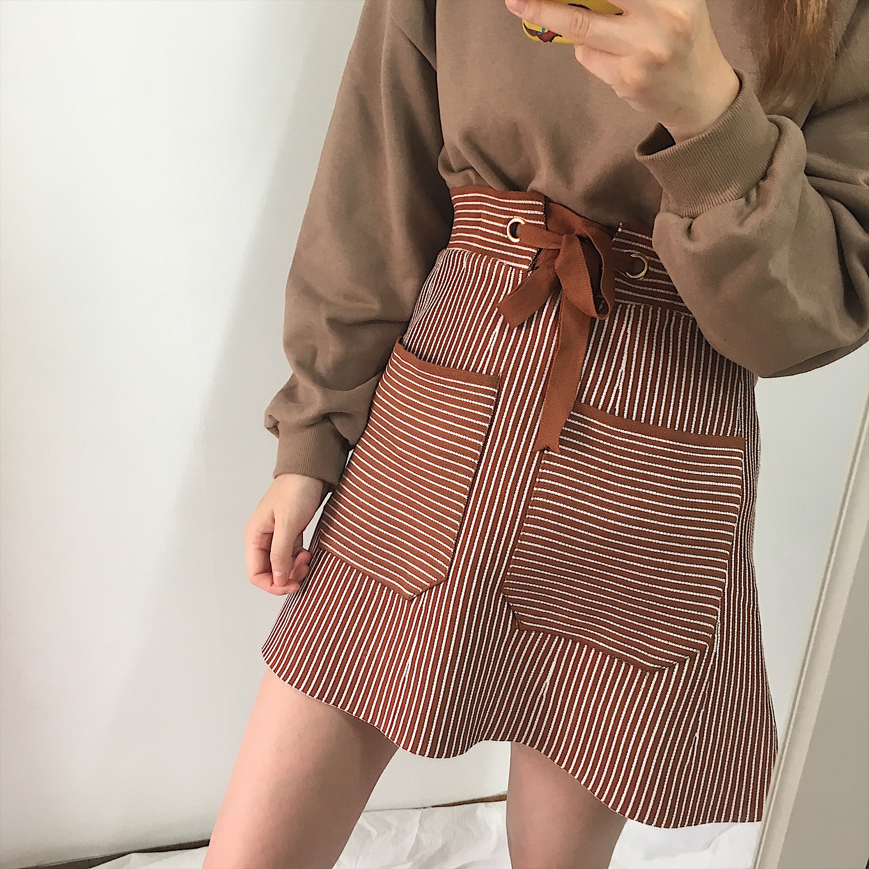 Pocket knot mini skirt 2color autumn striped slim 