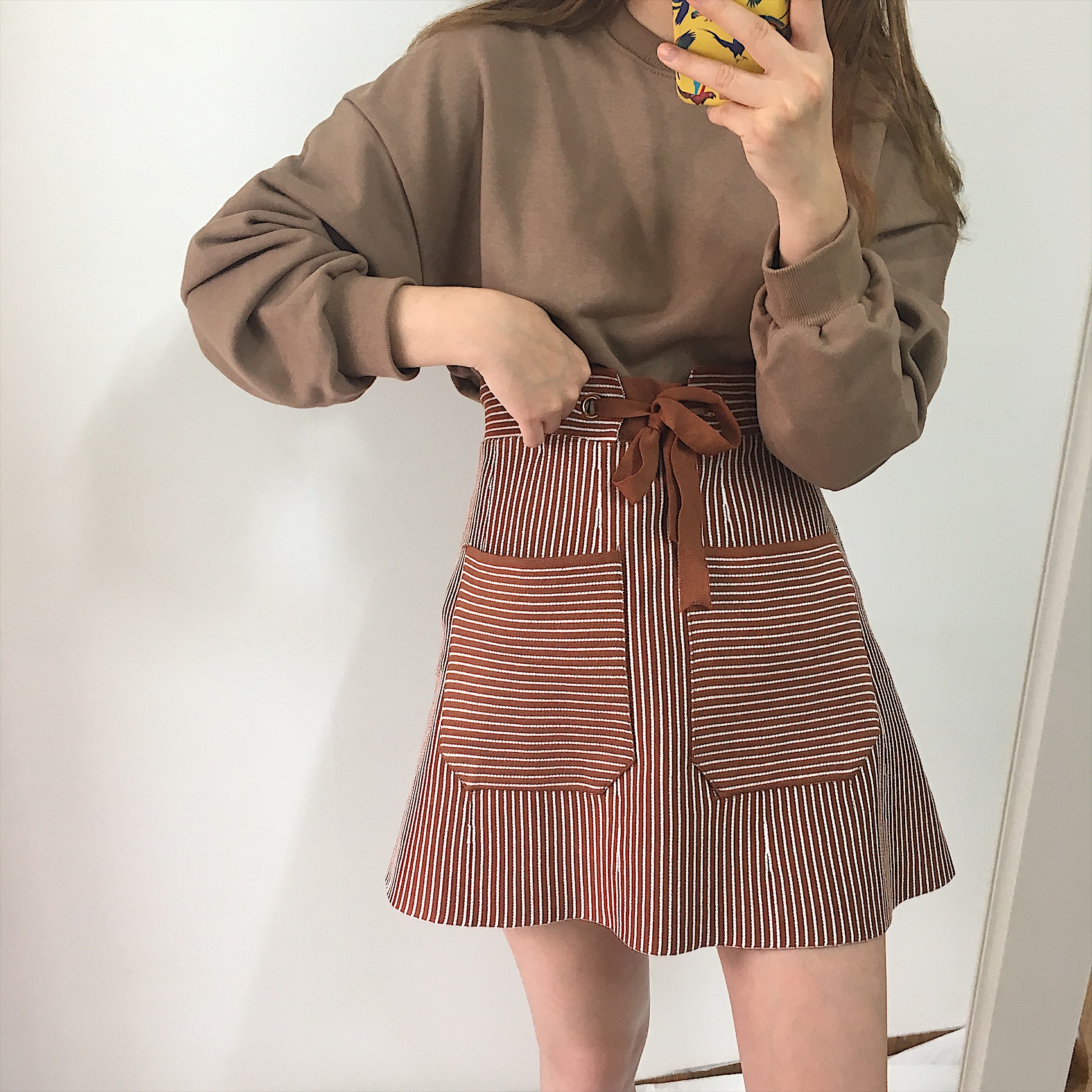 Pocket knot mini skirt 2color autumn striped slim 