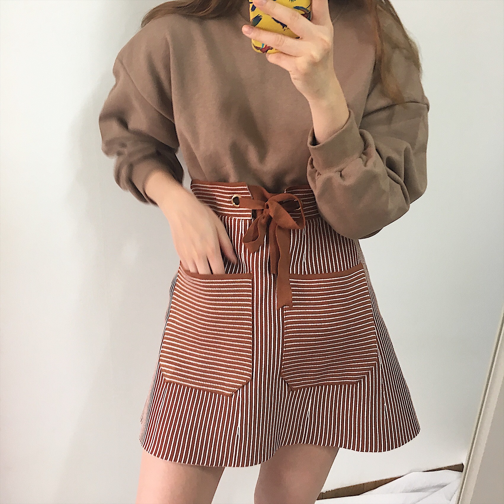 Pocket knot mini skirt 2color autumn striped slim 